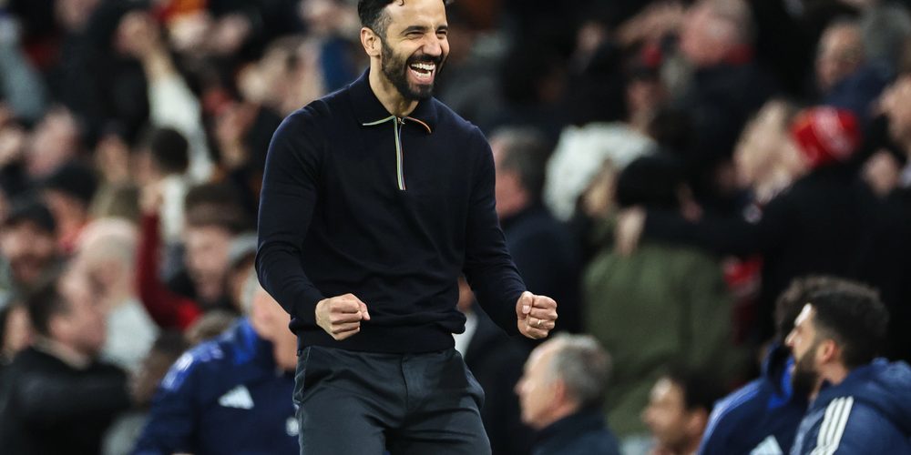 Ruben Amorim manager of Manchester United celebrates his side's goal to make it 5-4 during the UEFA Europa League Quarter-finals match Manchester United vs Lyon at Old Trafford, Manchester, United Kingdom, 17th April 2025 — Photo by operations@newsimages.co.uk
