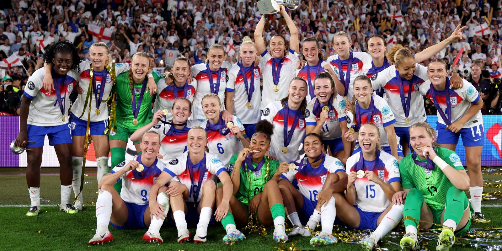 BASEL, SWITZERLAND - JULY 27: Players of England pose for a team photograph with their winners medals following the UEFA Women's EURO 2025 Final match between England and Spain at St. Jakob-Park on July 27, 2025 in Basel, Switzerland. (Photo by Maja Hitij - UEFA/UEFA via Getty Images)