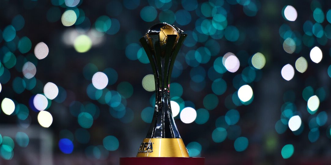 DOHA, QATAR - DECEMBER 21: The FIFA Club World Cup trophy is pictured on the pitch before the FIFA Club World Cup 2019 final match between Liverpool FC and CR Flamengo at Khalifa International Stadium on December 21, 2019 in Doha, Qatar. (Photo by Tom Dulat - FIFA/FIFA via Getty Images)