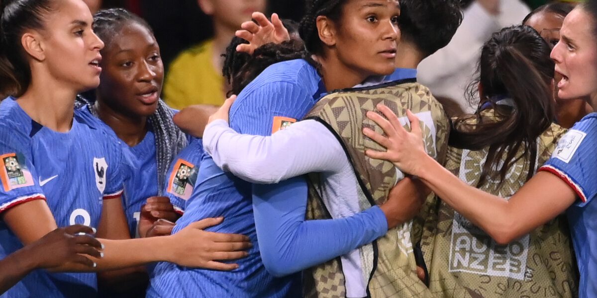 France's defender #03 Wendie Renard (C) celebrates scoring her team's second goal during the Australia and New Zealand 2023 Women's World Cup Group F football match between France and Brazil at Brisbane Stadium in Brisbane on July 29, 2023. (Photo by FRANCK FIFE / AFP)