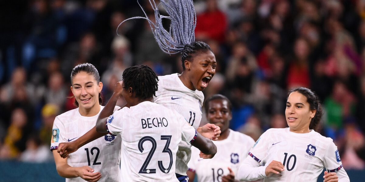 France's forward #11 Kadidiatou Diani celebrates after scoring during the Australia and New Zealand 2023 Women's World Cup Group F football match between Panama and France at Sydney Football Stadium in Sydney on August 2, 2023. (Photo by FRANCK FIFE / AFP)