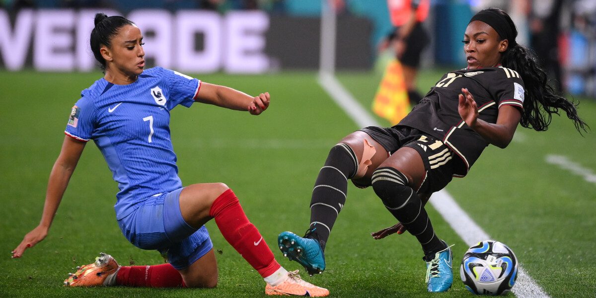 France's defender #07 Sakina Karchaoui (L) and Jamaica's forward #21 Cheyna Matthews fight for the ball during the Australia and New Zealand 2023 Women's World Cup Group F football match between France and Jamaica at Sydney Football Stadium in Sydney on July 23, 2023. (Photo by FRANCK FIFE / AFP)