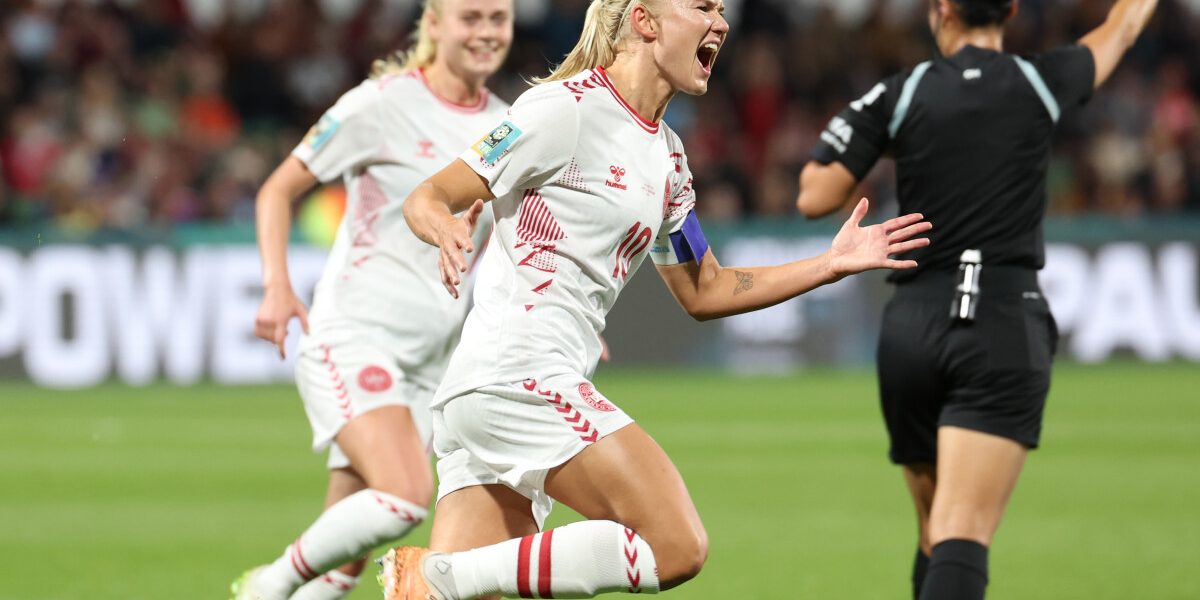 Denmark's forward #10 Pernille Harder celebrates scoring her team's first goal during the Australia and New Zealand 2023 Women's World Cup Group D football match between Haiti and Denmark at Perth Rectangular Stadium in Perth on August 1, 2023. (Photo by Colin MURTY / AFP)