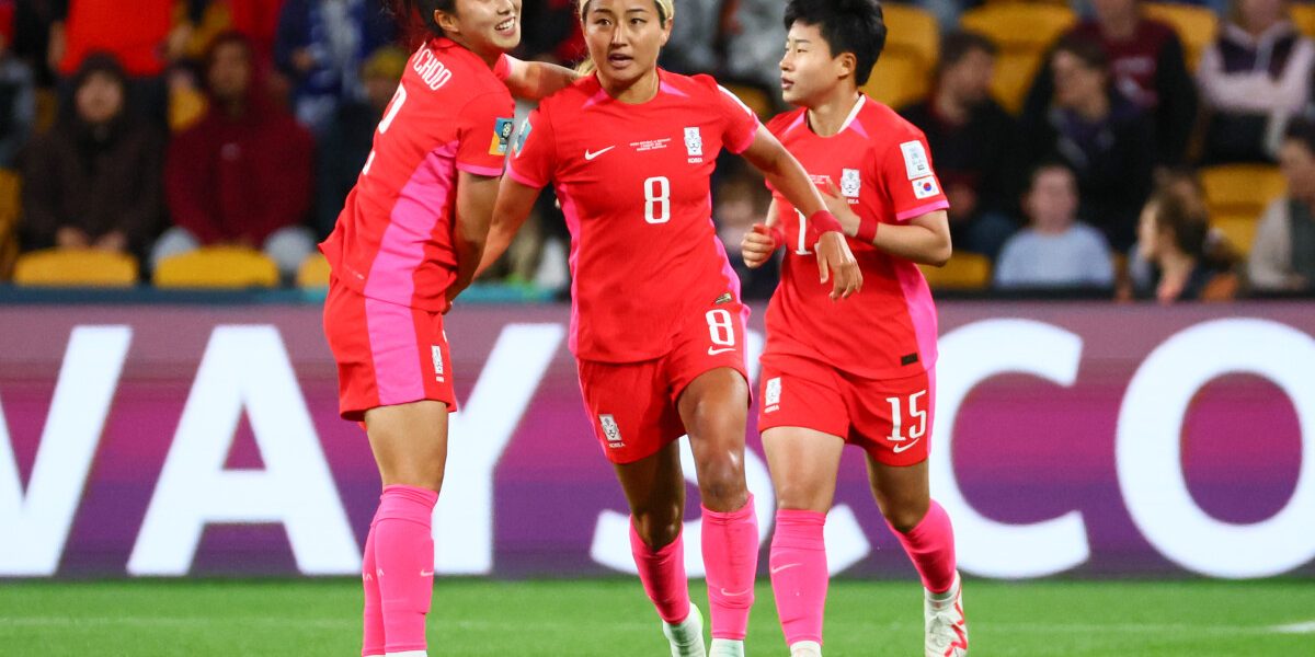 South Korea's midfielder #08 Cho So-hyun celebrates after scoring during the Australia and New Zealand 2023 Women's World Cup Group H football match between South Korea and Germany at Brisbane Stadium in Brisbane on August 3, 2023. (Photo by Patrick Hamilton / AFP)