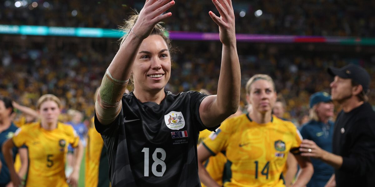 BRISBANE, AUSTRALIA - AUGUST 12: Mackenzie Arnold of Australia applauds fans after her team’s victory through the penalty shoot out following the FIFA Women's World Cup Australia &amp; New Zealand 2023 Quarter Final match between Australia and France at Brisbane Stadium on August 12, 2023 in Brisbane / Meaanjin, Australia. (Photo by Elsa - FIFA/FIFA via Getty Images)