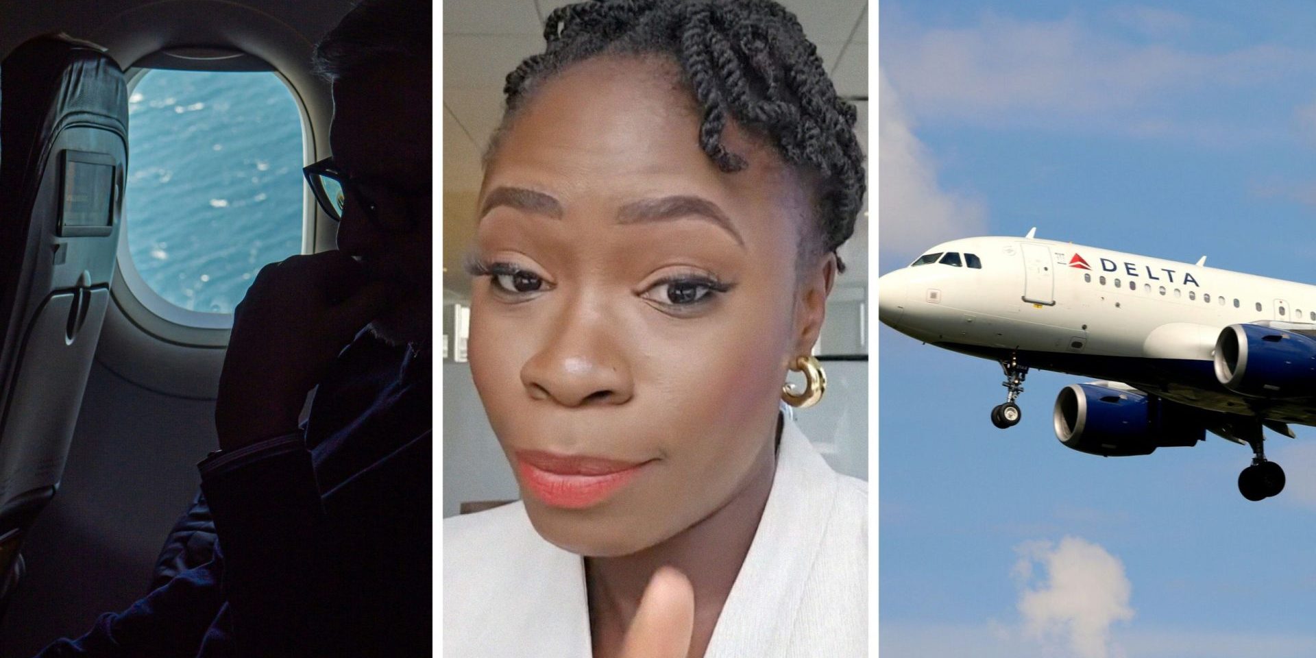 man boards his flight (l) woman shares travelling experience (c) Delta airlines (r)