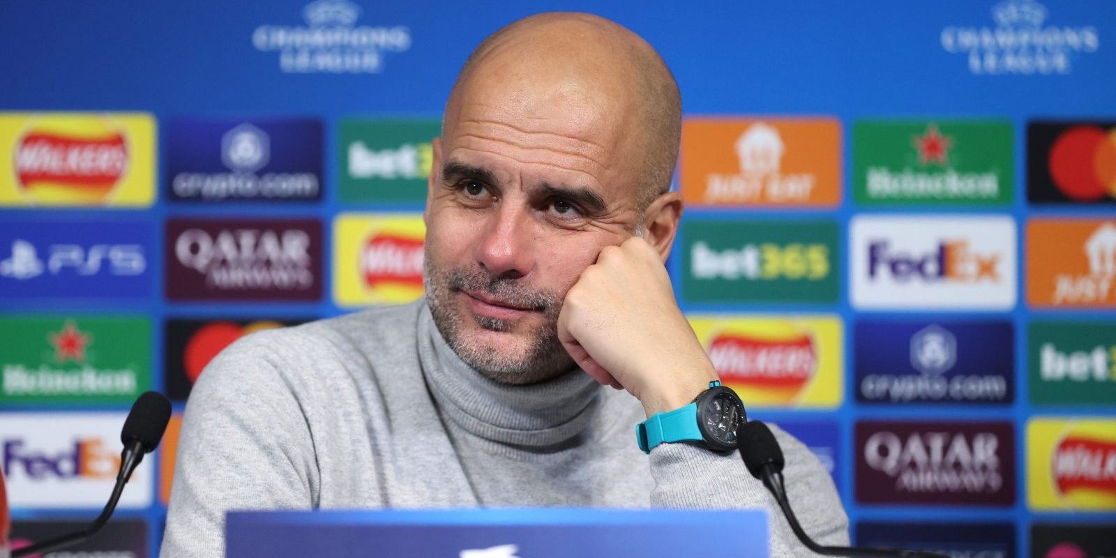 MANCHESTER, ENGLAND - OCTOBER 23: Pep Guardiola, Manager of Manchester City, speaks to the media in a post match press conference following the team's victory in the UEFA Champions League 2024/25 League Phase MD3 match between Manchester City and AC Sparta Praha at City of Manchester Stadium on October 23, 2024 in Manchester, England. (Photo by Alex Pantling - UEFA/UEFA via Getty Images)