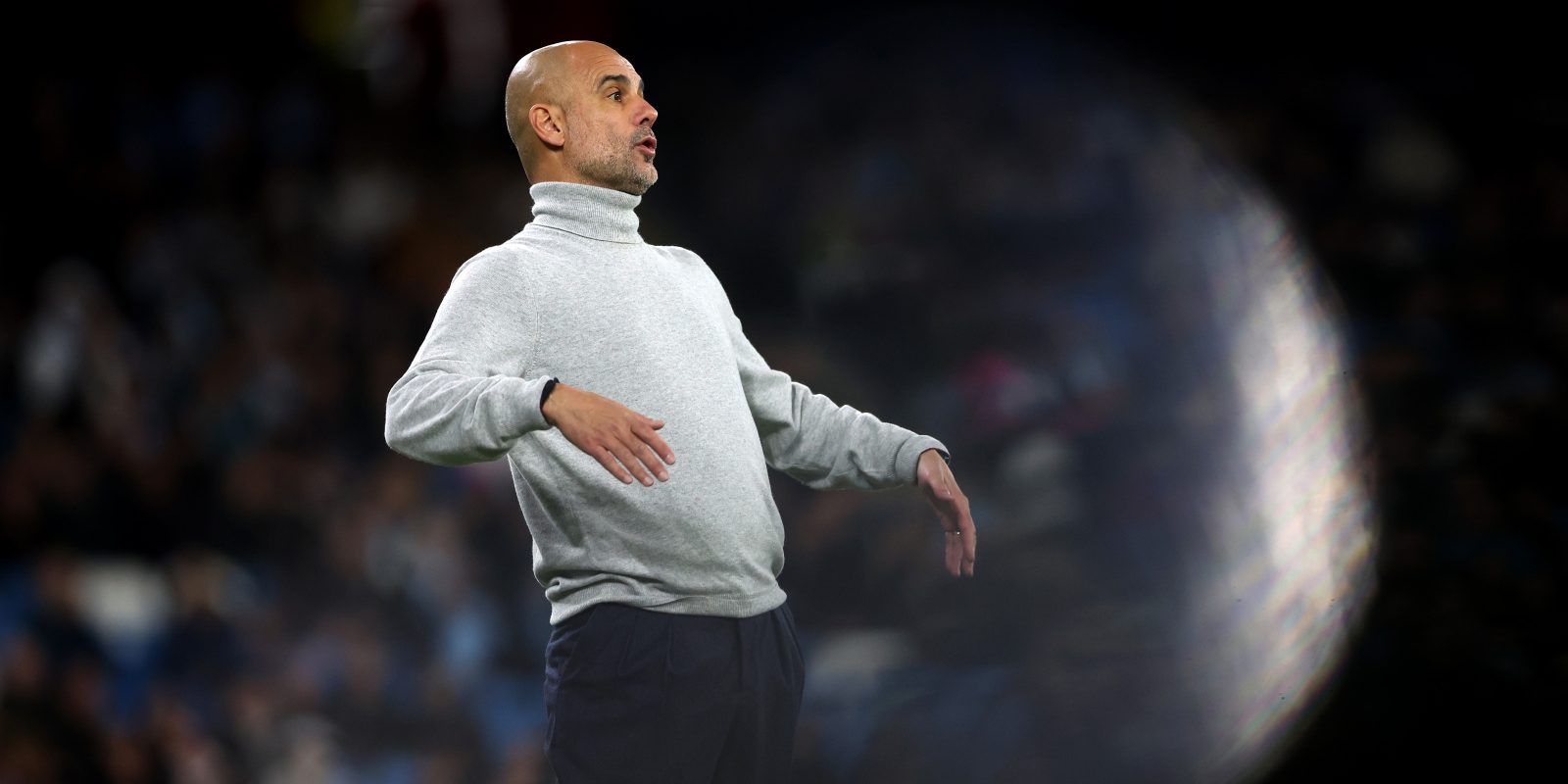 MANCHESTER, ENGLAND - OCTOBER 23: Pep Guardiola, Manager of Manchester City, reacts during the UEFA Champions League 2024/25 League Phase MD3 match between Manchester City and AC Sparta Praha at City of Manchester Stadium on October 23, 2024 in Manchester, England. (Photo by Alex Pantling - UEFA/UEFA via Getty Images)