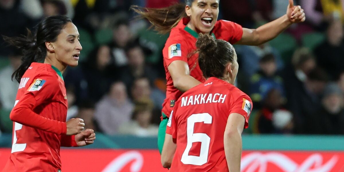 Morocco players celebrate their first goal during the Australia and New Zealand 2023 Women's World Cup Group H football match between Morocco and Colombia at Perth Rectangular Stadium in Perth on August 3, 2023. (Photo by Colin MURTY / AFP)