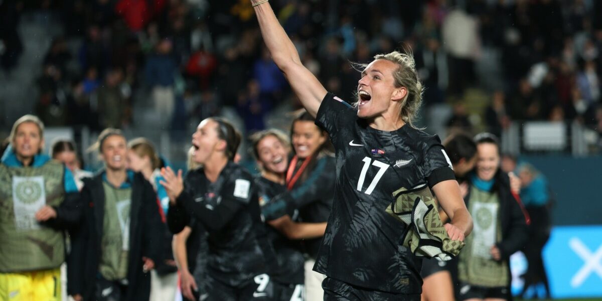 New Zealand's forward #17 Hannah Wilkinson celebrates after her team won the Australia and New Zealand 2023 Women's World Cup Group A football match between New Zealand and Norway at Eden Park in Auckland on July 20, 2023. (Photo by Marty MELVILLE / AFP)