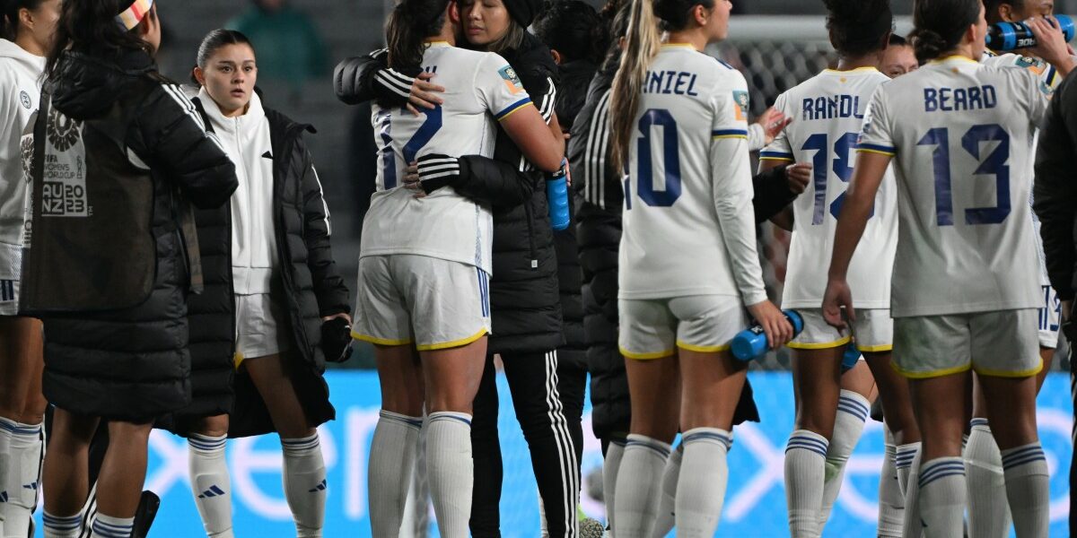 Philippines players react in frustration after their loss in the Australia and New Zealand 2023 Women's World Cup Group A football match between Norway and the Philippines at Eden Park in Auckland on July 30, 2023. (Photo by Saeed KHAN / AFP)