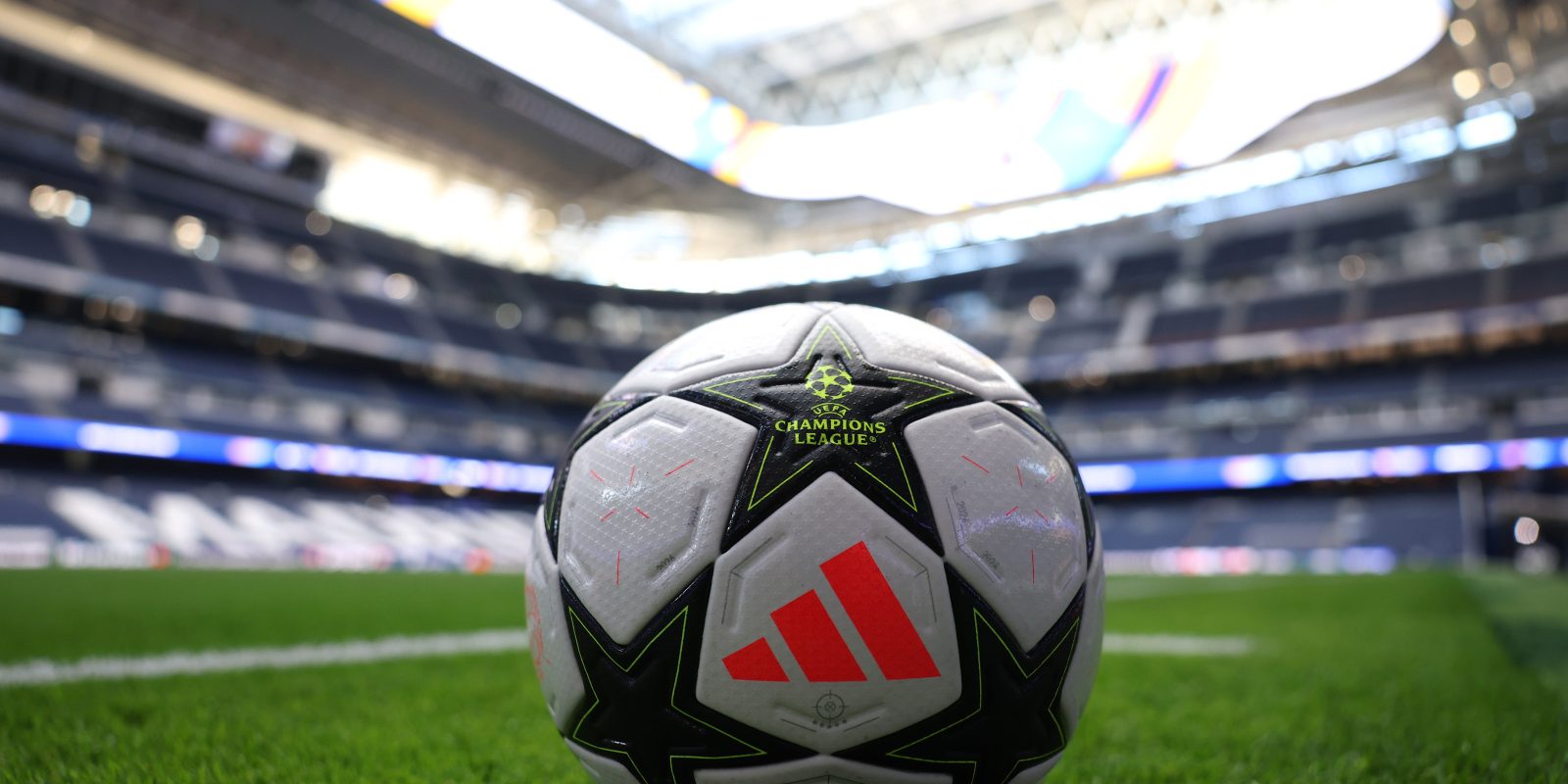 MADRID, SPAIN - OCTOBER 22: A detailed view of the Adidas UCL PRO 24/25, Official Match Ball of the UEFA Champions League, seen prior to the UEFA Champions League 2024/25 League Phase MD3 match between Real Madrid C.F. and Borussia Dortmund at Estadio Santiago Bernabeu on October 22, 2024 in Madrid, Spain. (Photo by Florencia Tan Jun - UEFA/UEFA via Getty Images)