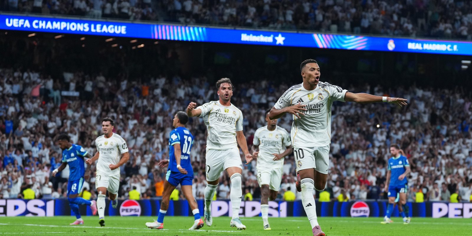 MADRID, SPAIN - SEPTEMBER 16: Kylian Mbappe of Real Madrid celebrates scoring his team's second goal from the penalty spot during the UEFA Champions League 2025/26 League Phase MD1 match between Real Madrid C.F. and Olympique de Marseille at Estadio Santiago Bernabeu on September 16, 2025 in Madrid, Spain. (Photo by Aitor Alcalde - UEFA/UEFA via Getty Images)