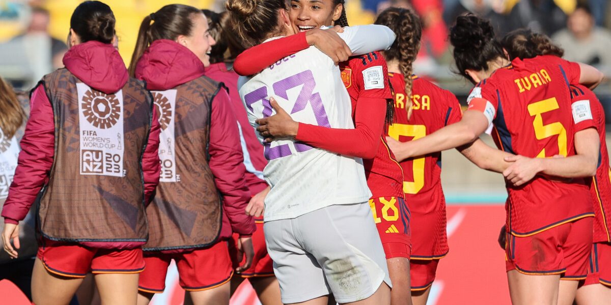 Spain's goalkeeper #23 Catalina Coll and Spain's forward #18 Salma Paralluelo celebrate their victory during the Australia and New Zealand 2023 Women's World Cup quarter-final football match between Spain and the Netherlands at Wellington Stadium in Wellington on August 11, 2023. (Photo by Marty MELVILLE / AFP)