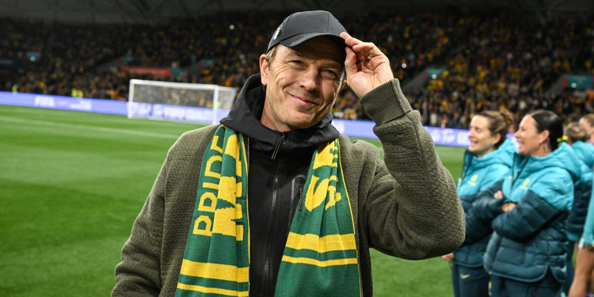 Australia's coach Tony Gustavsson is seen prior to the Australia and New Zealand 2023 Women's World Cup Group B football match between Canada and Australia at Melbourne Rectangular Stadium, also known as AAMI Park, in Melbourne on July 31, 2023. (Photo by WILLIAM WEST / AFP)