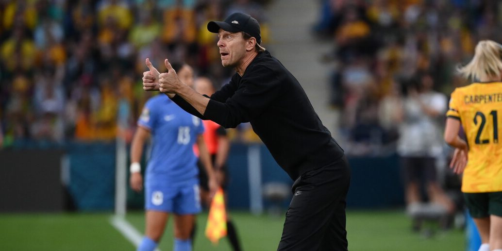 Australia's coach Tony Gustavsson gestures during the Australia and New Zealand 2023 Women's World Cup quarter-final football match between Australia and France at Brisbane Stadium in Brisbane on August 12, 2023. (Photo by FRANCK FIFE / AFP)