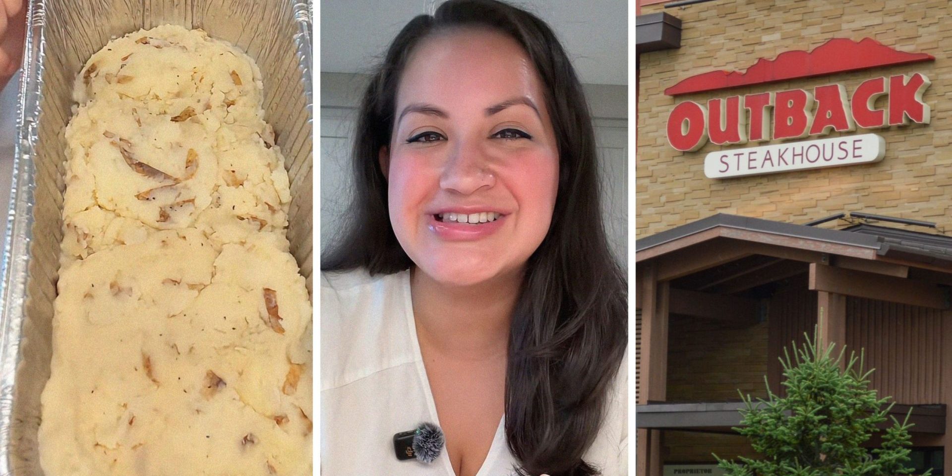 mashed poatoes (l) woman shares Outback experience (c) Outback entrance (r)