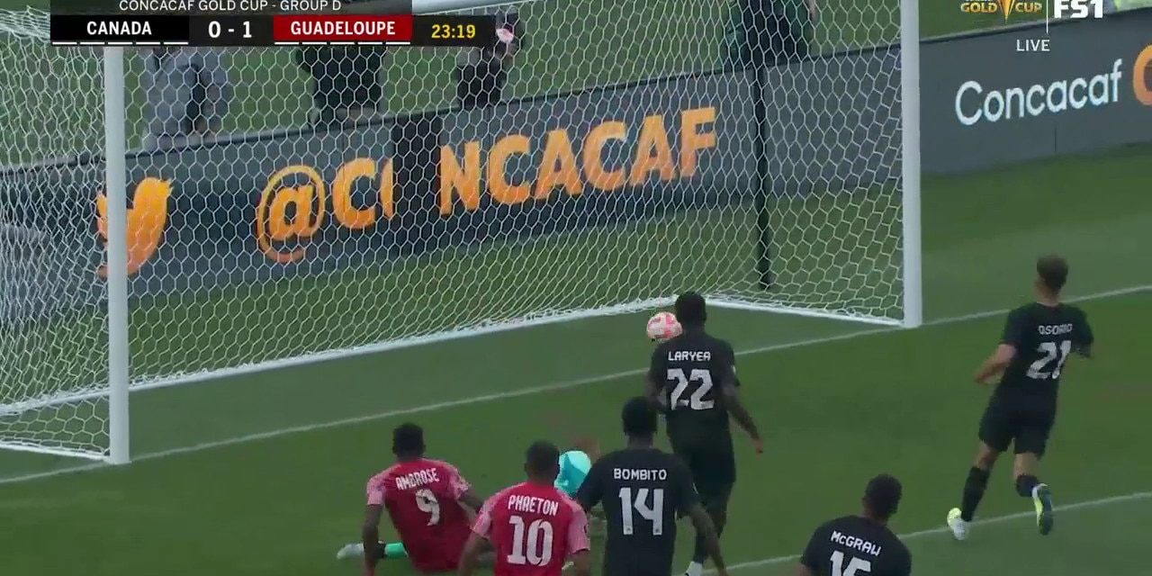 Thierry Ambrose nets a SLICK goal in the 23' to give Guadeloupe an early lead over Canada